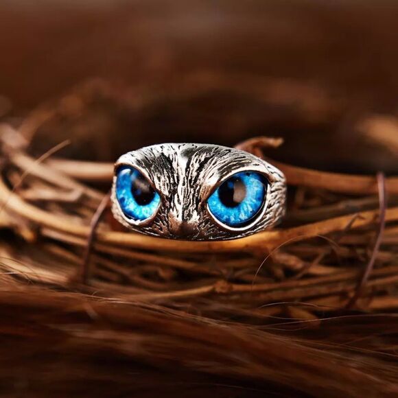 💎251💎 Vintage Style Bird of Prey, Owl Eyes Silver Stainless Steel Ring - Picture 12 of 16